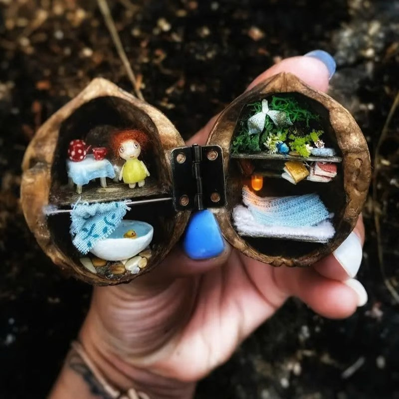 Handmade.🏠Walnut Shell Doll House--mini library, tiny World inside walnuts